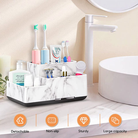 Toothbrush Holder,Bathroom Organizer Countertop, 5 Compartments Multifunctional Storage for Cosmetic, Makeup, Office Stationery Pencil,Toothpaste, Toothbrush for Home, Office