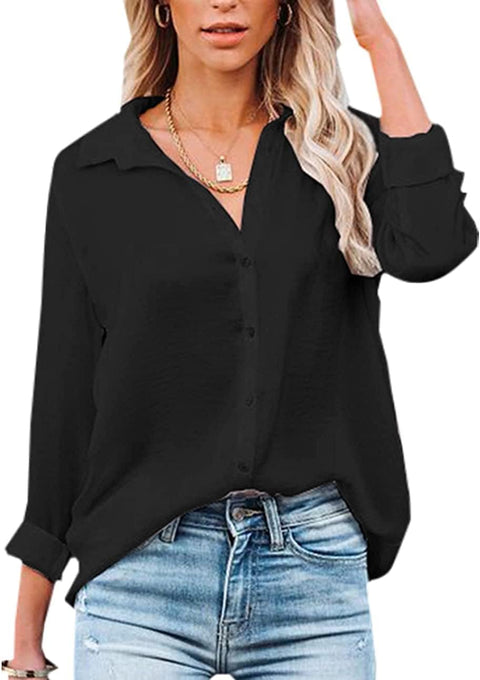 Womens Blouse Casual Long Sleeve Shirt Tops V Neck Button down Shirts Basic Loose Tunic T Shirts