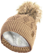 Ladies Warm Chunky Diamond Cable Knit Hat with Thermal Teddy Fleece Lining and Detachable Faux Fur Pompom