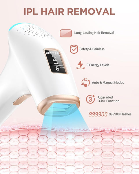 IPL Laser Hair Removal - Faster & Painless & Smooth, 3-In-1 Hair Removal Device with 9 Levels, Max 17.6J, 999,900 Flashes for Whole Body Treatment at Home