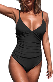 Women Swimsuit One Piece V Neck Tummy Control Ruched Front Low Back Bathing Suit Swimwear