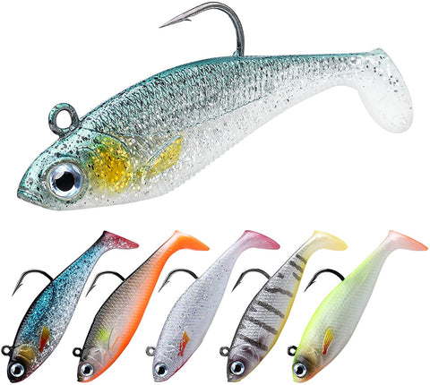 Soft Fishing Lures for Bass Pike Trout Perch, Pre-Rigged Jigs Head Sea Fishing Lures with Ultra-Sharp BKK/VMC Hooks, Plastic Artificial Swimbaits, Fishing Tackle for Saltwater & Freshwater