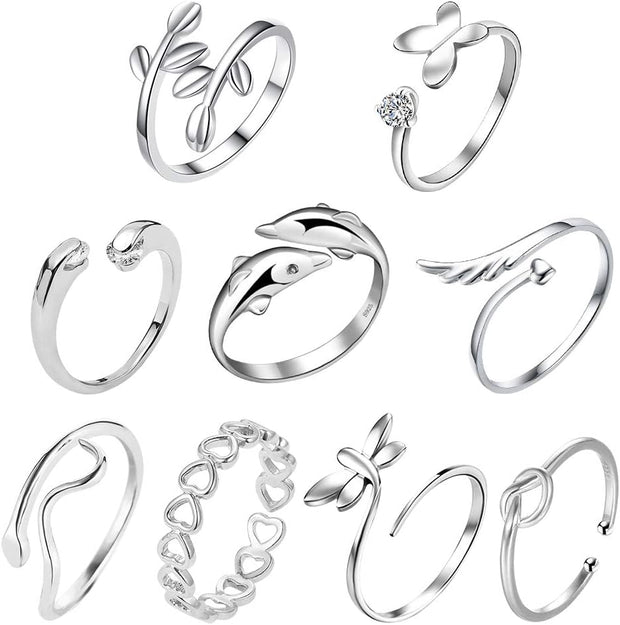 9Pcs Silver Adjustable Rings Set Knot Adjustable Finger Ring Joint Ring Toe Ring Beach Jewelry Gifts for Women Girls