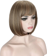 Brown Blonde Mixed Highlights Color Short Bob Wig for Women Yaki Straight Synthetic Full Hair Wig with Bangs(Brown Blonde)