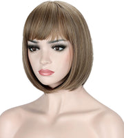 Brown Blonde Mixed Highlights Color Short Bob Wig for Women Yaki Straight Synthetic Full Hair Wig with Bangs(Brown Blonde)