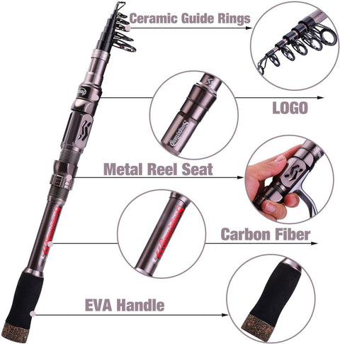 Fishing Rod Telescopic Fishing Rods Portable- 24 Ton Carbon Fiber, CNC Machined Reel Seat, Comfortable EVA Handle, Travel Fishing Pole for Bass Trout Fishing 1.8/2.1/2.4/2.7M