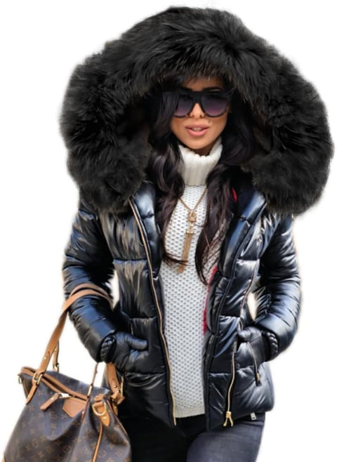 Winter Faux Fur Hood Puffer down Coat Lady Thick Quilted Padded Jacket Zip Parka