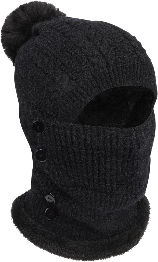 Winter Warm Knitted Cap＆Neck Warmer Sets,Flexible Knit Beanie Hat with Hairball,Soft Thick Fleece Lined,Women Adjustable Face Mask for Outdoor Sports,Winter Gift