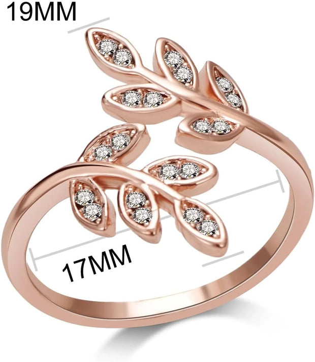 Rose Gold Plated Adjustable Leaf Ring Created with Zircondia® Crystals