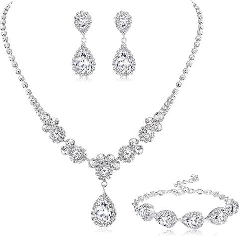 Silver Bridal Jewelry Set Rhinestone Necklace Dangle Earrings Bracelet Set Wedding Jewelry Sets for Brides Bridesmaid Sparkly Crystal Prom Costume Jewelry Accessories for Women Girls