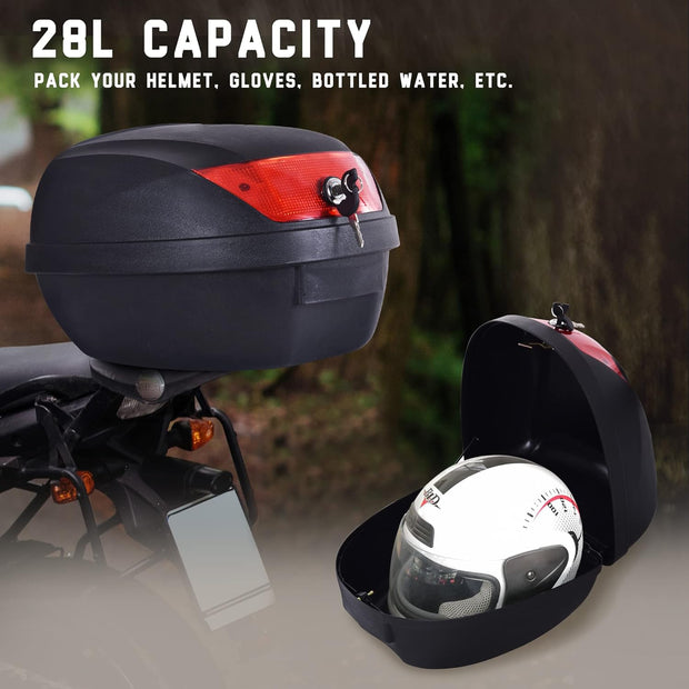 28L Motorcycle Tail Box Helmet Top Case Motorbike Luggage Storage Trunk Carrier Mount Rack W/ 2 Keys