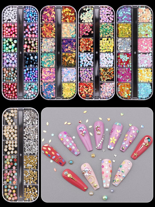 10 Boxes Nail Art Rhinestones, Nail Studs Gems Nail Diamonds Nail Art Crystal Nail Jewels with Pick up Tweezers for Nail Art Decoration