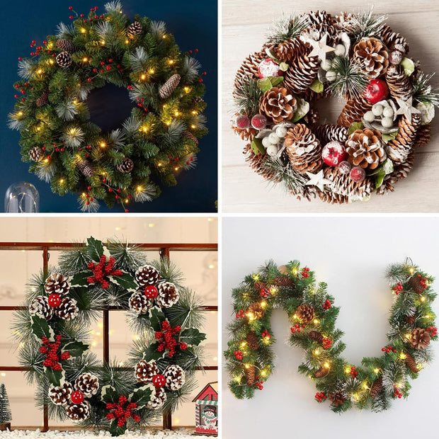 108Pcs Artificial Pine Cone Berry Set, Christmas Wreath Making Supplies, Snowy Pinecones White Berries Wreath Making Kit for Wreath, Garland, Craft, Winter DIY Christmas Decorations