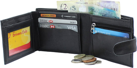 RAS Mens RFID Blocking Soft Smooth Genuine Leather Wallet with a Zipped Coin Pocket and Id Card Window 94 (Black)