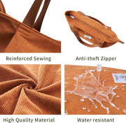 Waterproof Corduroy Tote Bag with Zipper Casual Hobo Shoulder Bag Handbag Large Capacity Cord Tote Bag Women Shopping Bag for School Work College Daily Use