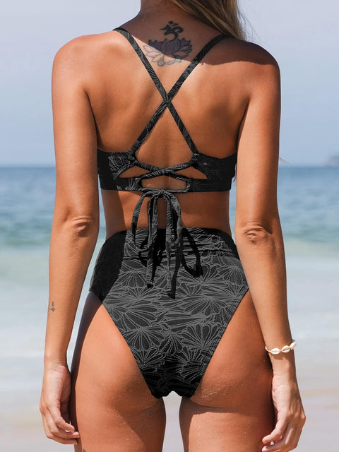 Women Bikini Set High Waisted Criss Cross Swimsuit Scalloped V Neck Two Pieces Push up Bathing Suit