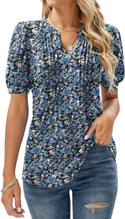 Womens V Neck Tops Puff Short Sleeve T-Shirt Pleated Floral Printed Tunic Blouse Shirts