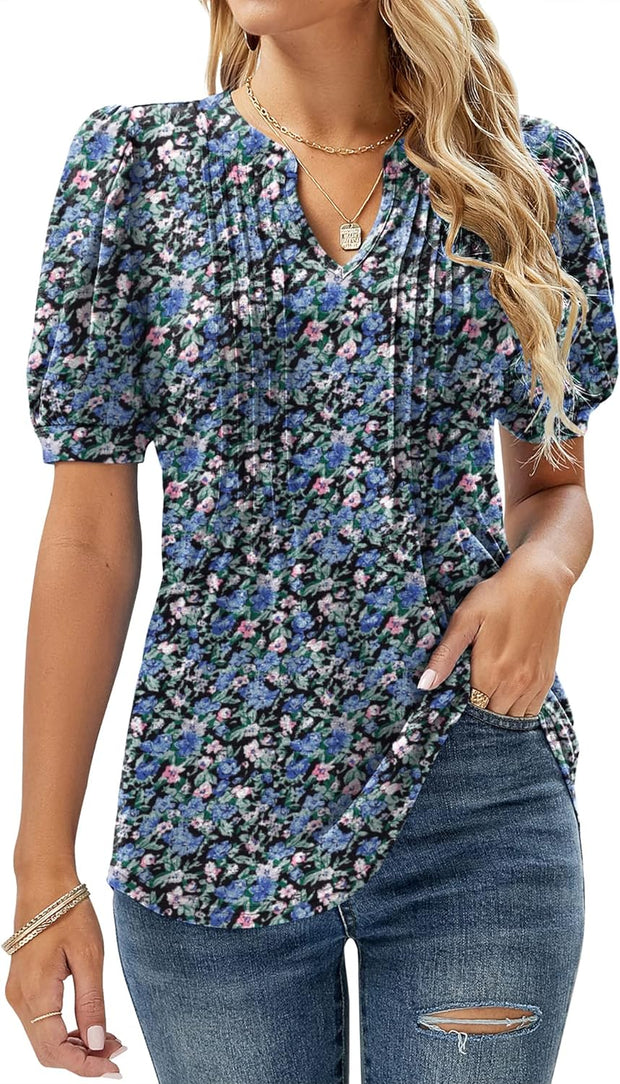 Womens V Neck Tops Puff Short Sleeve T-Shirt Pleated Floral Printed Tunic Blouse Shirts