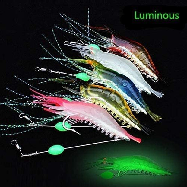 5Pcs Soft Luminous Shrimp Lure Set, 5 Colors Shrimp Bait Shrimp Lures Fishing Kit Fishing Bait with Hooks Beads Fishing Tackles for Freshwater Saltwater Bass Trout Catfish Salmon