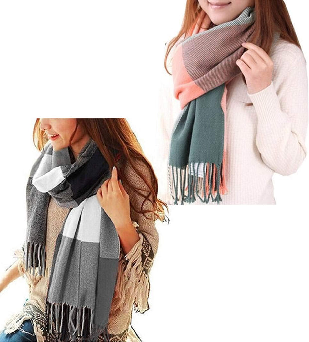 Winter Long Soft Warm Tartan Check Scarves Wraps for Women Wool Spinning Tassel Shawl Long Stole