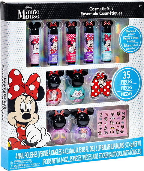 Disney Minnie Mouse -  Sparkly Cosmetic Makeup Set with Lip Balm Nail Accessories -35 Pcs|Perfect for Parties Sleepovers Makeovers|Birthday Gift for Girls above 3 Yrs