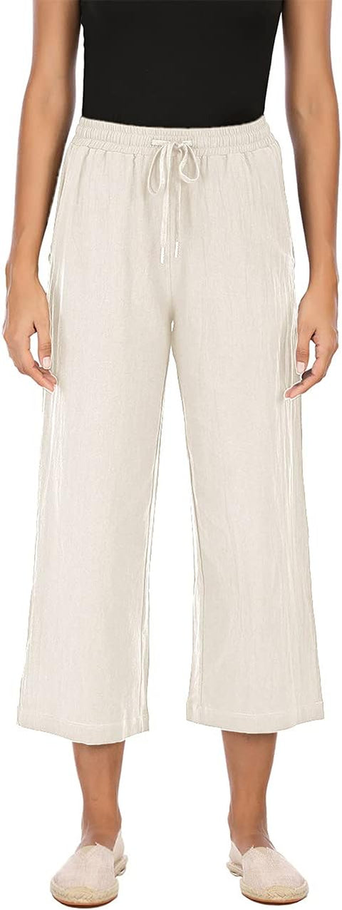 Women'S Summer Comfy Cotton Linen Cropped Trousers Wide Leg Lounge Pants with Pockets