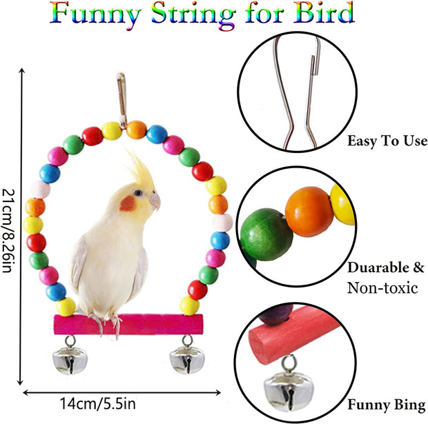 7 Pcs Bird Budgie Toys,  Hanging Bell Pet Bird Cage Hammock Swing Climbing Ladders Toy Wooden Perch Mirror Chewing Toy for Conures, Love Birds, Small Parakeets, Cockatiels, Parrot (Muliti-B)