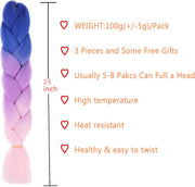 3 Tones Braiding Hair Extension 3 Pcs 24 Inch Ombre Braiding Hair Pretty Quality Synthetic Braid Hair Extensions Box Braids Hair for Women（Blue-Purple-Pink)