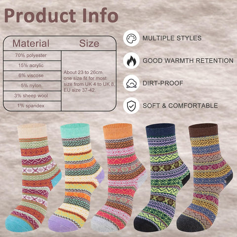 Women Winter Socks, 5 Pairs Thermal Wool Warm Knitting Ladies Socks Vintage Style Cotton Thick Bed Sock Multicoloured for Home Office School Hiking, Ideal Christmas Gifts 4/8 UK