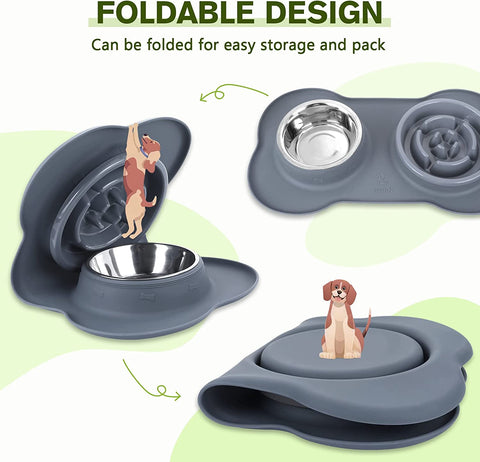 3-In-1 Slow Eating Dog Bowls with Non Slip Mat - Safe Silicone Interactive Fun Slow Feeders for Dogs - Stainless Steel Bowls Non Spill Mats Tray - Great for Dogs Cats Slow Feeding(M，Grey)