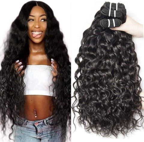 Water Wave Human Hair Bundles with Closure Brazilian Hair Bundles with Closure 3 Bundles Human Hair Weaving Double Weft Wet and Wavy Remy Human Hair Bundles with Closure Natural Black 14 16 18+14 Inch