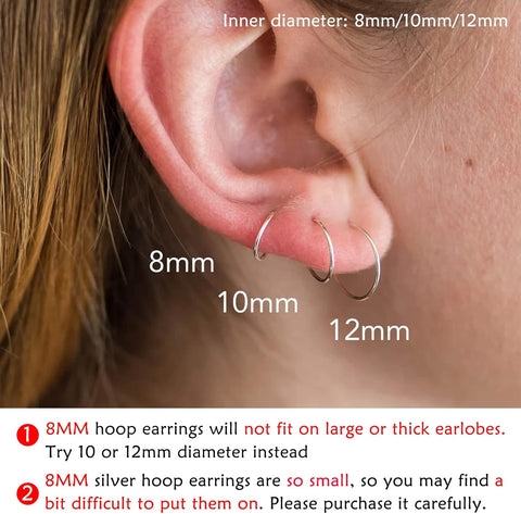 3 Pairs Silver Hoops Earrings for Women S925 Sterling Silver Small Hypoallergenic Earrings Set Cartilage Nose Lip Rings for Men Girls, 8/10/12Mm