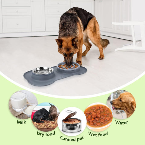 3-In-1 Slow Eating Dog Bowls with Non Slip Mat - Safe Silicone Interactive Fun Slow Feeders for Dogs - Stainless Steel Bowls Non Spill Mats Tray - Great for Dogs Cats Slow Feeding(M，Grey)