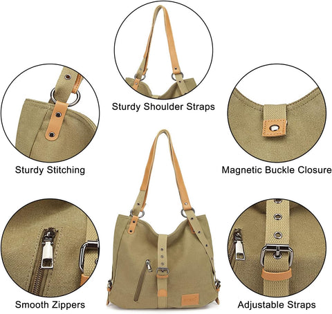 Women Backpack Canvas Shoulder Bag Travel Rucksack Convertible 3 in 1 Crossbody Bag Vintage Schoolbag Girl Fashion Backpack Purse for Women Ladies Handbag Casual College Daypack (Khaki)