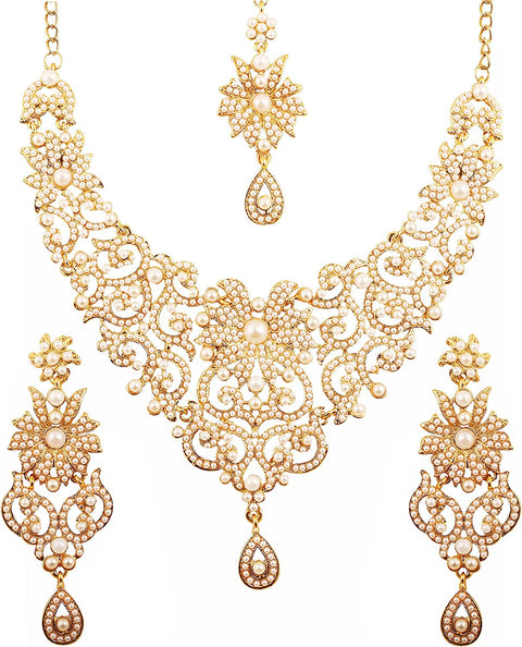 Indian Bollywood Traditional Royal Look Attractive Filigree Carving Rhinestone Grand Bridal Designer Jewelry Necklace Set for Women