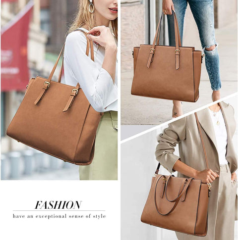 Laptop Bags for Women Large Leather Handbags Ladies Laptop Tote Bag Business Work Shoulder Bag Lightweight 15.6 Inch Brown