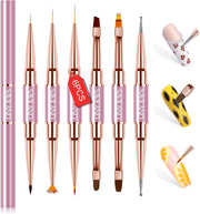 Nail Art Brushes Set - 6Pcs Double-End Nail Brushes Kit Professional Nail Art Tools Kit with Painting Dotting Line Pen for Gel Polish Nail Designs Nail Carving French Nails