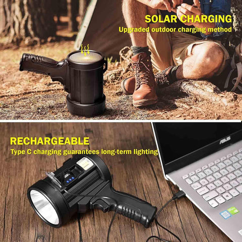 Super Bright Led Rechargeable Torch, 100000 Lumens Super Bright Spotlight, Long Range Searchlight, Solar Powered Rechargeable Torch, Suitable for Outdoor Emergency, Camping, Fishing, Hunting