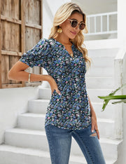 Womens V Neck Tops Puff Short Sleeve T-Shirt Pleated Floral Printed Tunic Blouse Shirts