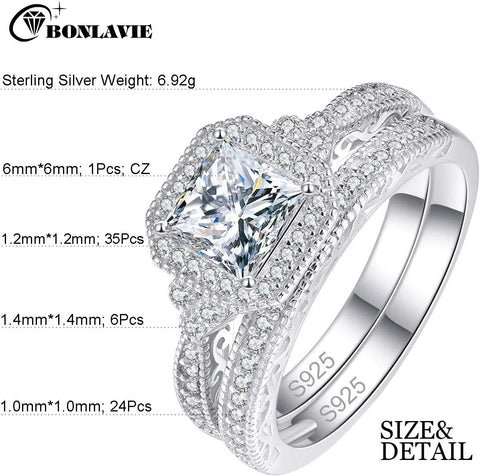 925 Sterling Silver Princess and round Cut White Cubic Zirconia Engagement Ring Set for Women Girls