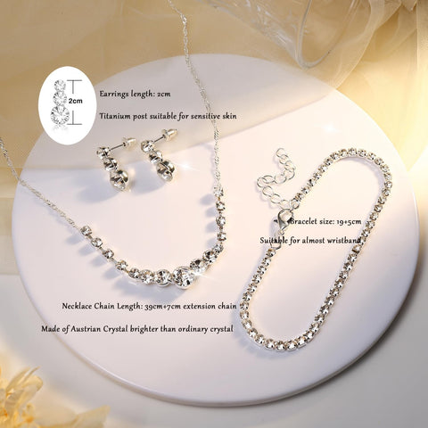 Silver Jewelry Set for Women Rhinestone Crystal Necklace Drop Earrings Link Bangle Bracelet Bridal Wedding Jewelry Sets for Brides Bridemaid Prom Costume Accessories