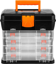 Multi-Purpose Fishing Tackle Storage Box, Crafts or Tool Organizer - 4 Removable Trays & Adjustable Dividers (10.9 X 10.1 X 6.9 Inches - Black/Orange