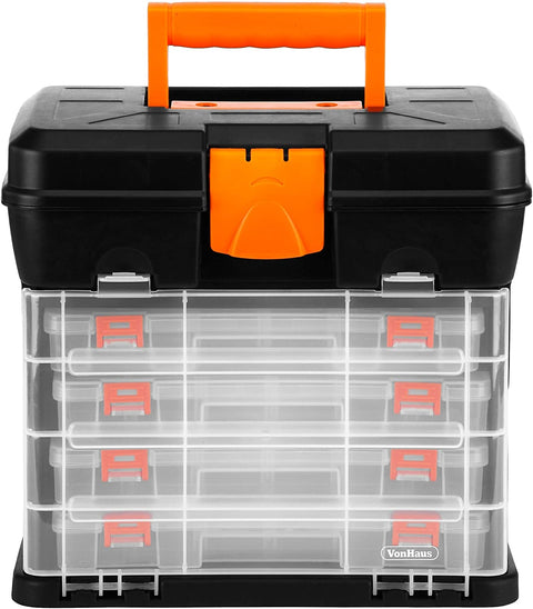 Multi-Purpose Fishing Tackle Storage Box, Crafts or Tool Organizer - 4 Removable Trays & Adjustable Dividers (10.9 X 10.1 X 6.9 Inches - Black/Orange