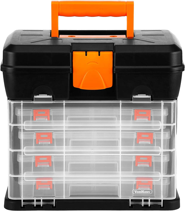 Multi-Purpose Fishing Tackle Storage Box, Crafts or Tool Organizer - 4 Removable Trays & Adjustable Dividers (10.9 X 10.1 X 6.9 Inches - Black/Orange