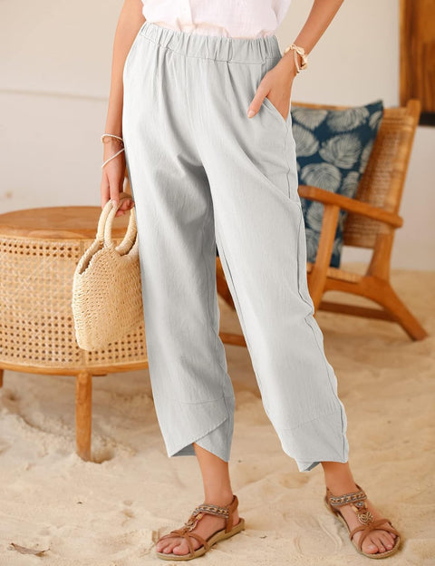 Womens Trousers Casual Wide Leg Capri Pants Cotton Trousers Summer Elastic Waistband with Pockets Lightweight Cropped Trousers