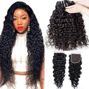 Water Wave Human Hair Bundles with Closure Brazilian Hair Bundles with Closure 3 Bundles Human Hair Weaving Double Weft Wet and Wavy Remy Human Hair Bundles with Closure Natural Black 14 16 18+14 Inch