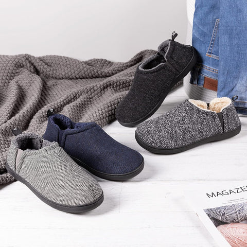 Men'S Fuzzy Wool Felt Memory Foam Slippers Anti-Slip Warm Faux Sherpa House Shoes with Dual Side Elastic Gores