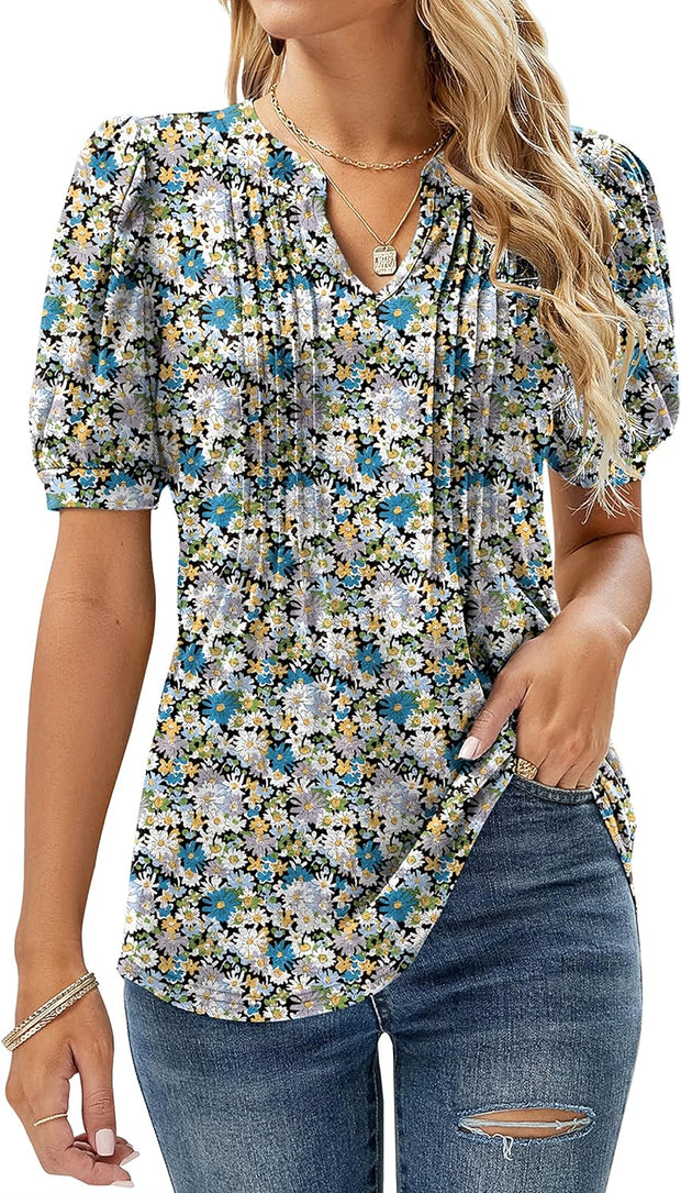 Womens V Neck Tops Puff Short Sleeve T-Shirt Pleated Floral Printed Tunic Blouse Shirts