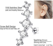 6Pcs CZ Barbell Helix Piecing Cartilage Earring for Women Girls Stainless Steel Nose Lip Studs Tragus Flower Conch Flat Back Body Piercing Jewelry 16G