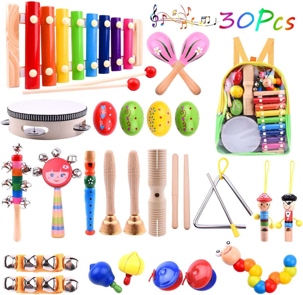 30 Pcs Musical Instruments for Toddlers Music Wooden Toys Baby Educational Percussion Rhythm Drum Sensory Toys for Babies Kids Gift